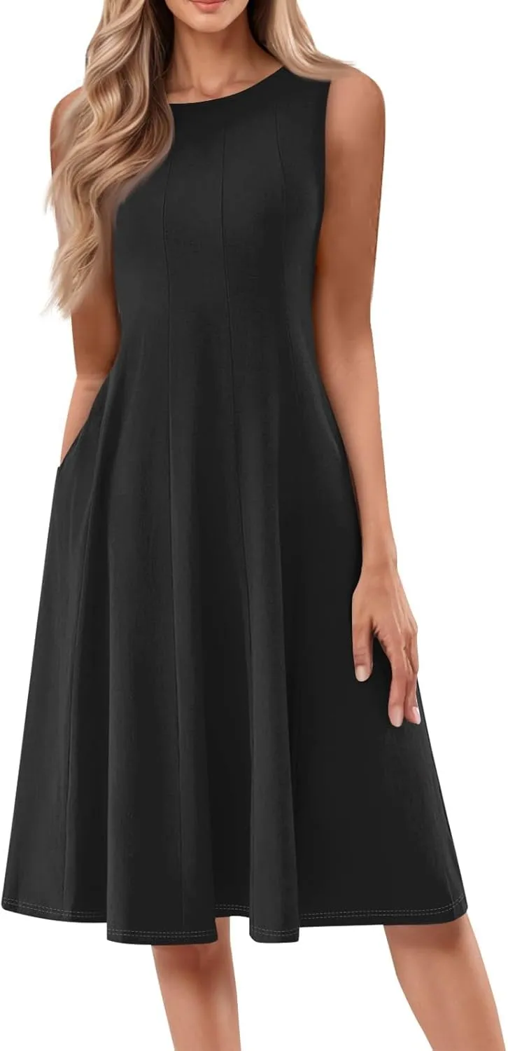 Sundresses for Women Cotton Boat Neck Sleeveless Pleated Midi Dress Modest Cute Summer Dresses Fit and Flare Dress
