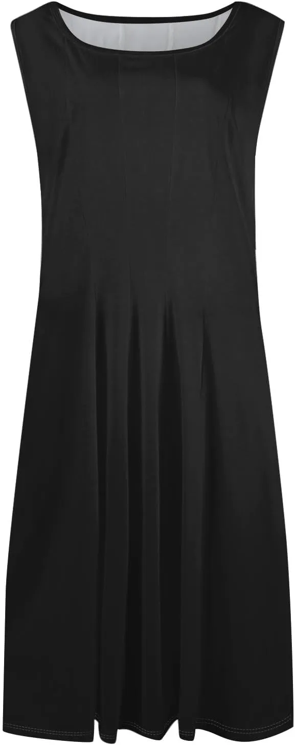 Sundresses for Women Cotton Boat Neck Sleeveless Pleated Midi Dress Modest Cute Summer Dresses Fit and Flare Dress