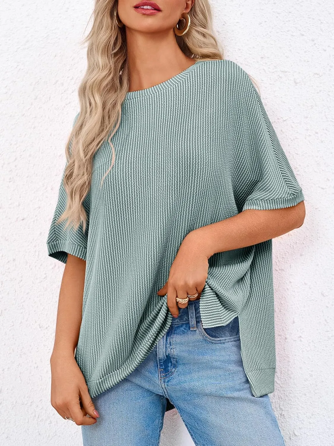 Tankaneo Womens Oversized T Shirts Summer Casual Ribbed Batwing Short Sleeve Tunic Tops Loose Fit Dolman Sleeve Tees