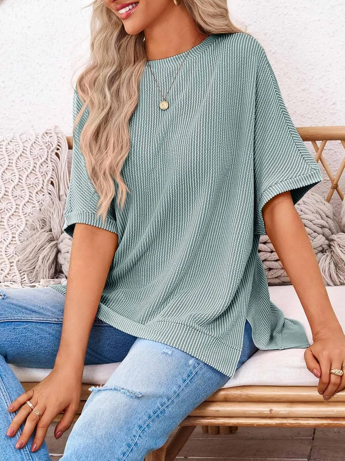 Tankaneo Womens Oversized T Shirts Summer Casual Ribbed Batwing Short Sleeve Tunic Tops Loose Fit Dolman Sleeve Tees