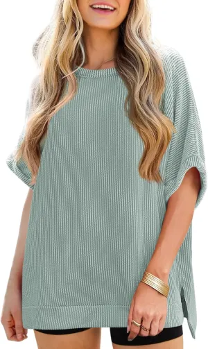 Tankaneo Womens Oversized T Shirts Summer Casual Ribbed Batwing Short Sleeve Tunic Tops Loose Fit Dolman Sleeve Tees