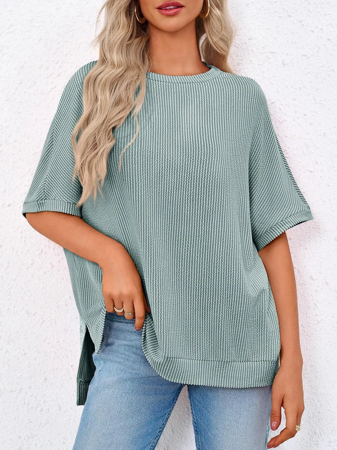 Tankaneo Womens Oversized T Shirts Summer Casual Ribbed Batwing Short Sleeve Tunic Tops Loose Fit Dolman Sleeve Tees