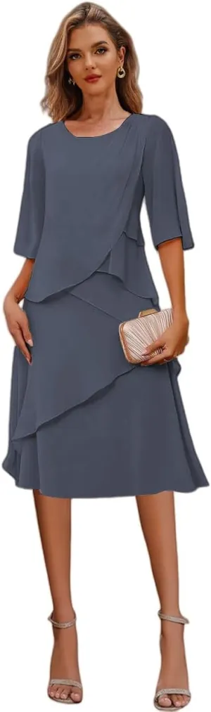 Tea Length Mother of The Bride Dresses for Wedding Ruffle Chiffon Formal Dress for with Sleeves