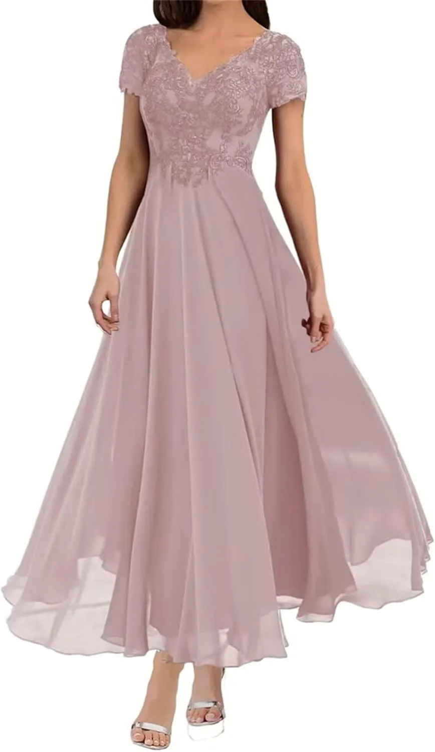 Tea Length Mother of The Bride Dresses for Wedding with Sleeves Lace Appliques V Neck Formal Evening Party Gowns
