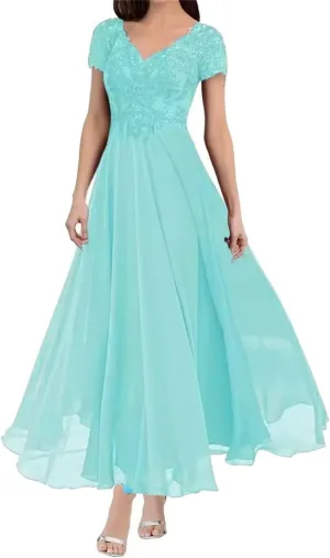 Tea Length Mother of The Bride Dresses for Wedding with Sleeves Lace Appliques V Neck Formal Evening Party Gowns