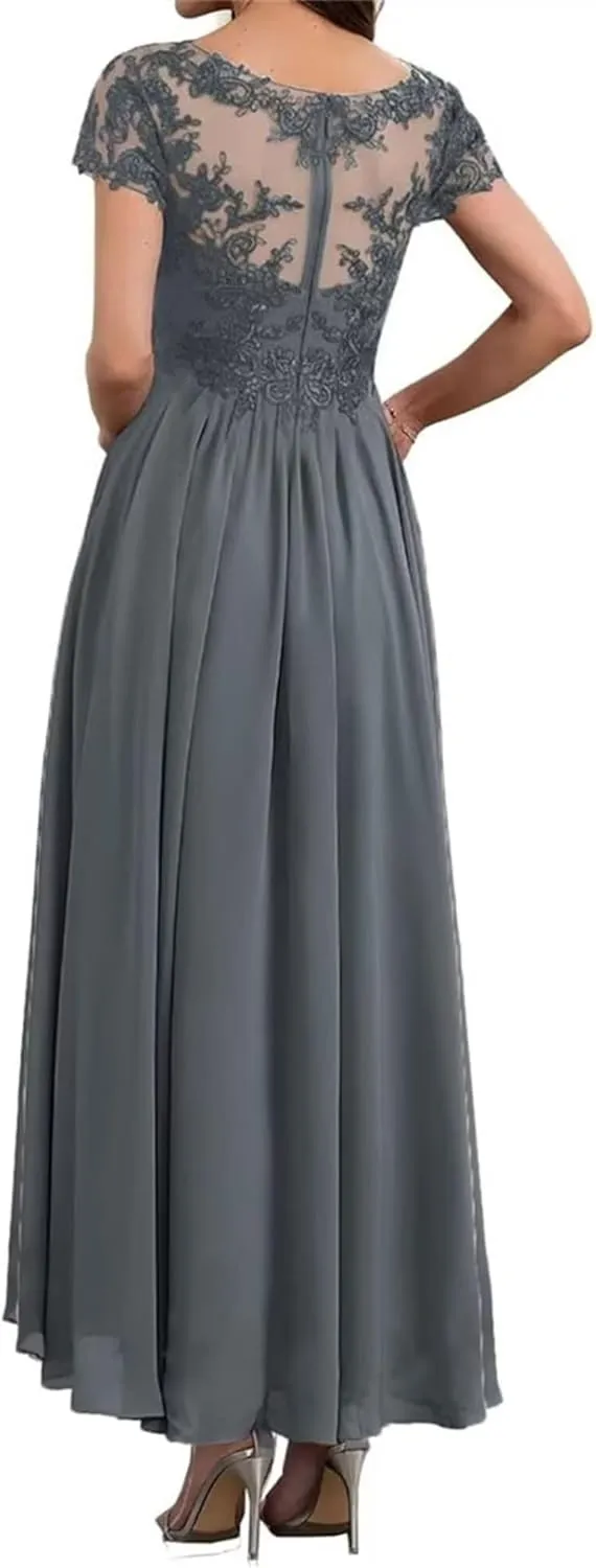 Tea Length Mother of The Bride Dresses for Wedding with Sleeves Lace Appliques V Neck Formal Evening Party Gowns