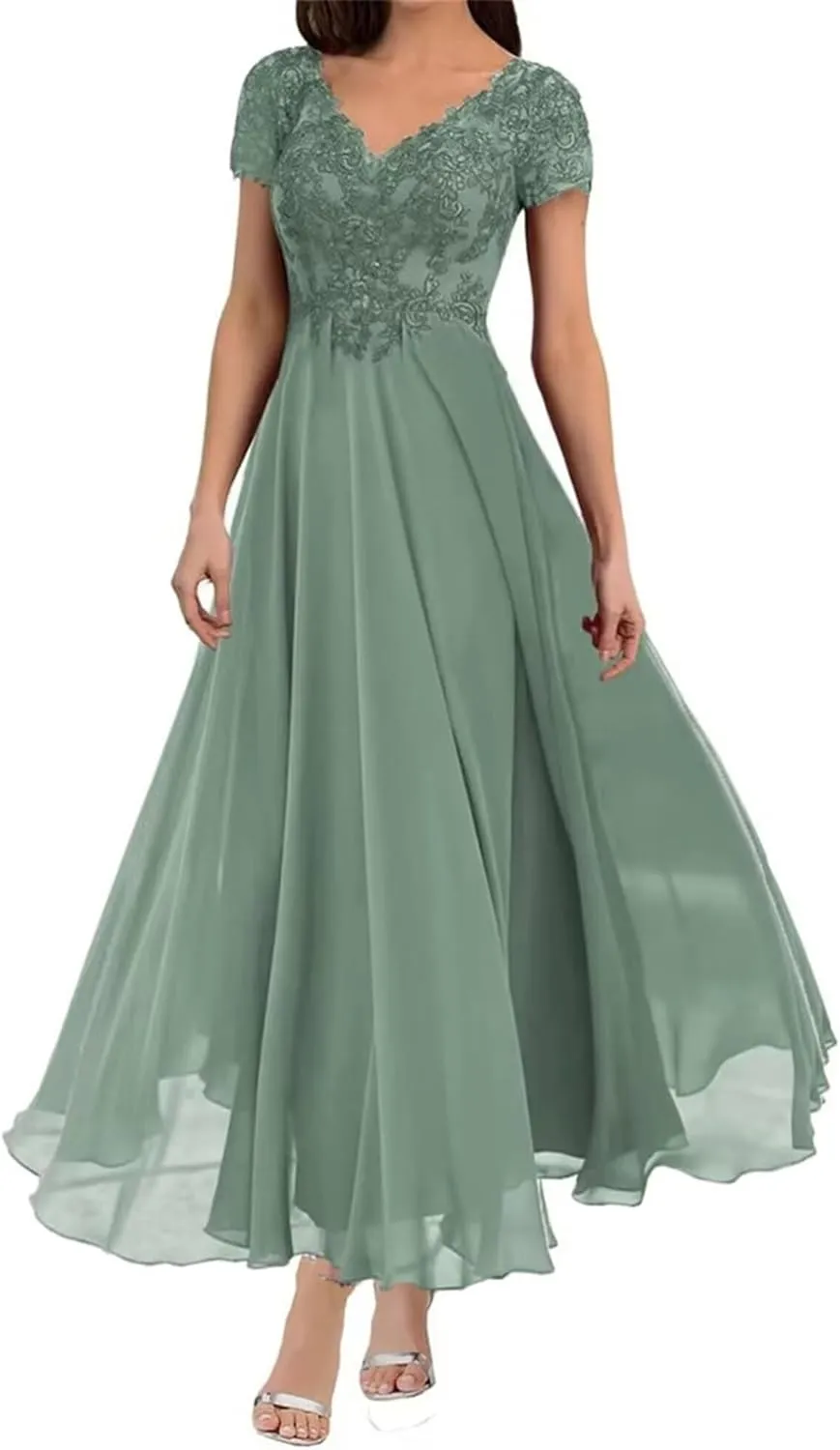 Tea Length Mother of The Bride Dresses for Wedding with Sleeves Lace Appliques V Neck Formal Evening Party Gowns