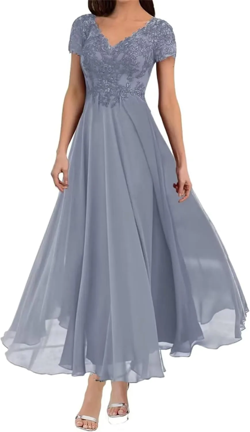 Tea Length Mother of The Bride Dresses for Wedding with Sleeves Lace Appliques V Neck Formal Evening Party Gowns