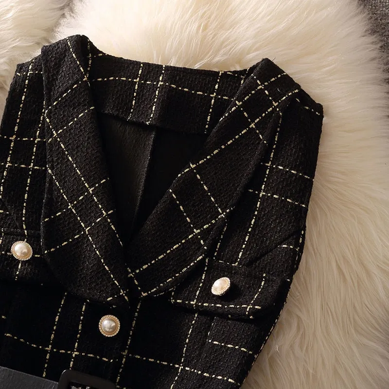Vintage Mid-Length Plaid Tweed Vest Jacket Women 2 Piece Set Elegant Pearl Button Belted Unlined Waistcoat And Knitted Sweater