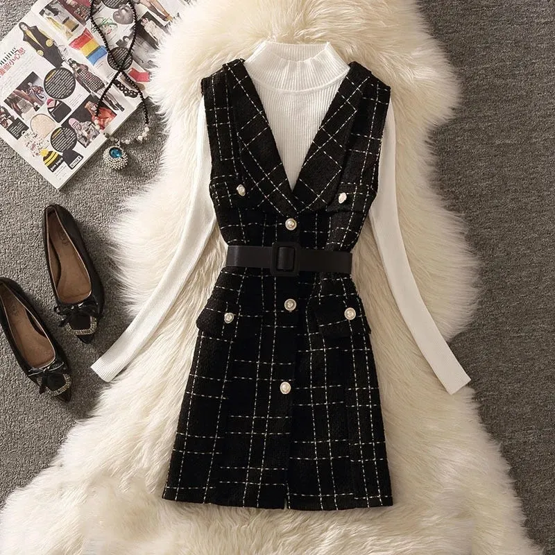 Vintage Mid-Length Plaid Tweed Vest Jacket Women 2 Piece Set Elegant Pearl Button Belted Unlined Waistcoat And Knitted Sweater