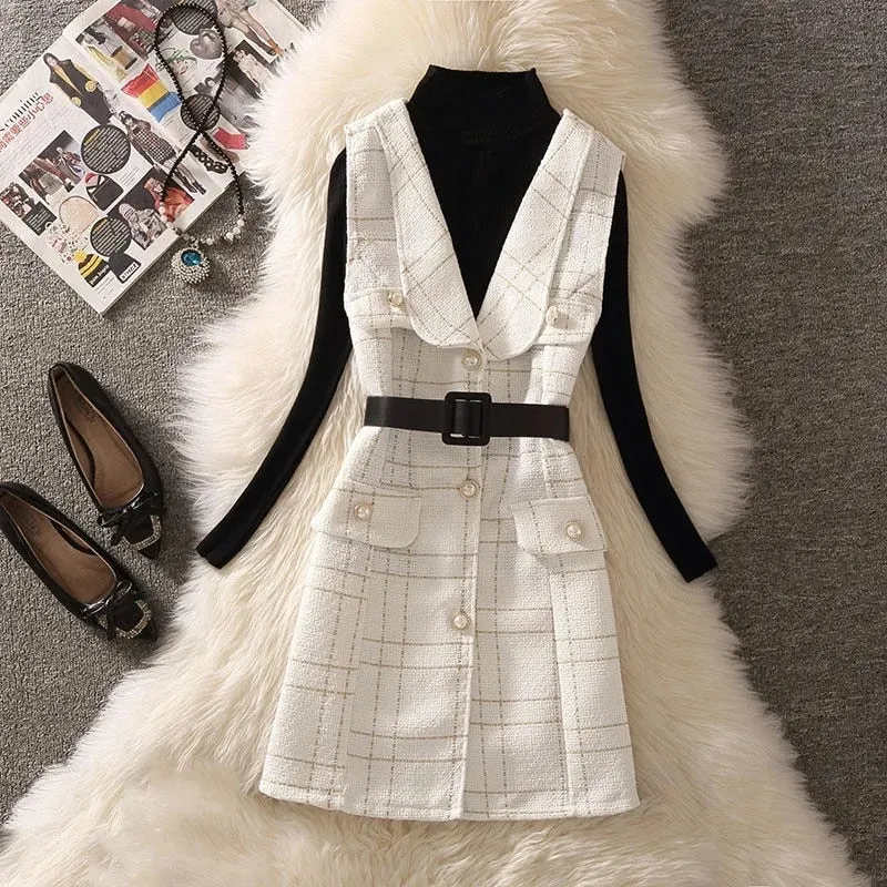 Vintage Mid-Length Plaid Tweed Vest Jacket Women 2 Piece Set Elegant Pearl Button Belted Unlined Waistcoat And Knitted Sweater