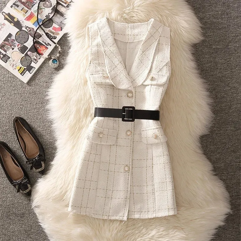 Vintage Mid-Length Plaid Tweed Vest Jacket Women 2 Piece Set Elegant Pearl Button Belted Unlined Waistcoat And Knitted Sweater