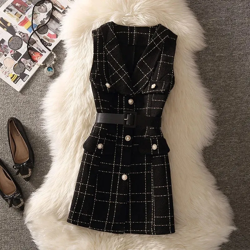 Vintage Mid-Length Plaid Tweed Vest Jacket Women 2 Piece Set Elegant Pearl Button Belted Unlined Waistcoat And Knitted Sweater