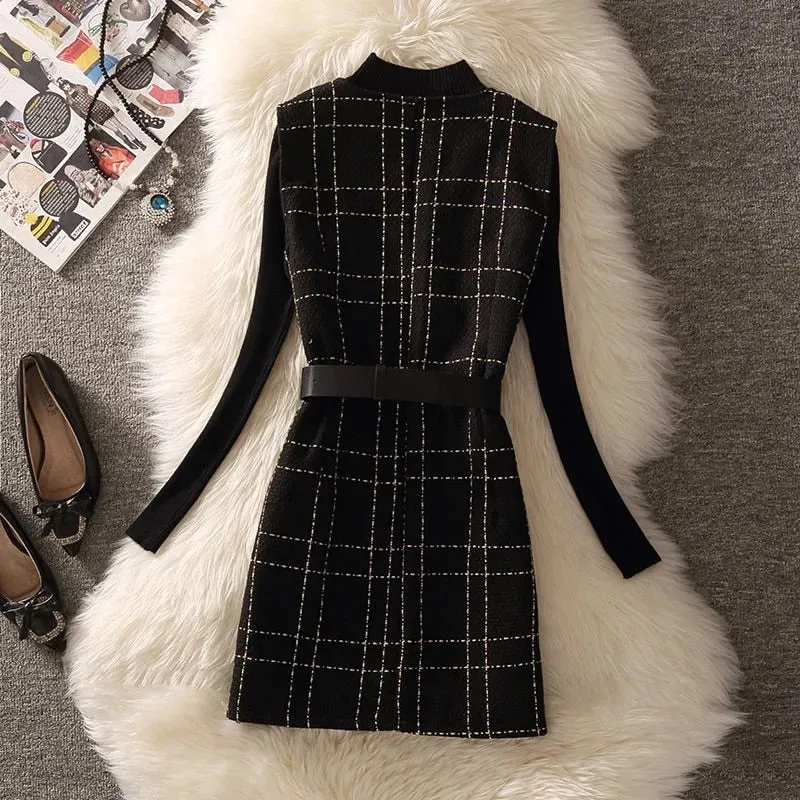 Vintage Mid-Length Plaid Tweed Vest Jacket Women 2 Piece Set Elegant Pearl Button Belted Unlined Waistcoat And Knitted Sweater