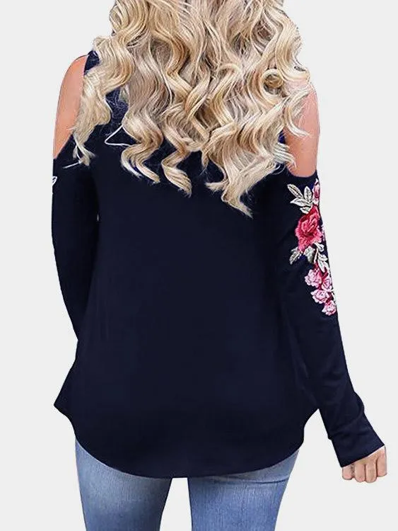 Wholesale Scoop Neck Cold Shoulder Embroidered Long Sleeve Navy T-Shirts
