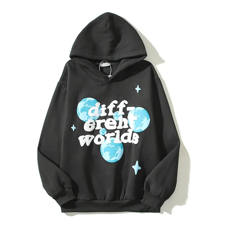 Wiaofellas High Street Letter Foam Skull Vintage Fleece Hooded Hoodies Men and Women Pullover Casual Loose Autumn Winter Sweatshirts