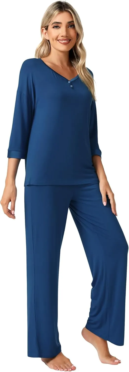 WiWi Womens 3/4 Sleeve Pajamas Set Soft Bamboo Viscose Top with Pants Sleepwear Plus Size Lightweight Pjs S-4X