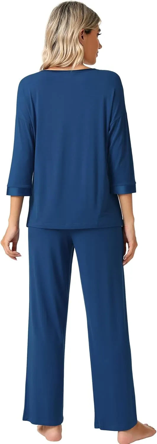 WiWi Womens 3/4 Sleeve Pajamas Set Soft Bamboo Viscose Top with Pants Sleepwear Plus Size Lightweight Pjs S-4X