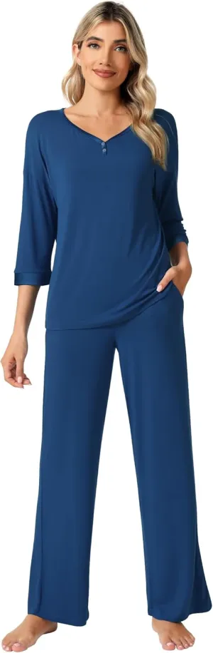 WiWi Womens 3/4 Sleeve Pajamas Set Soft Bamboo Viscose Top with Pants Sleepwear Plus Size Lightweight Pjs S-4X