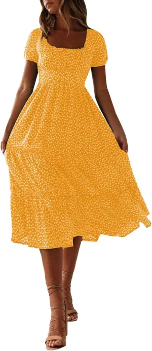 Women Boho Maxi Dress Crew-Neck Short Sleeve Empire Waist Summer Dress Smocked Floral Flowy Tiered Long Dress