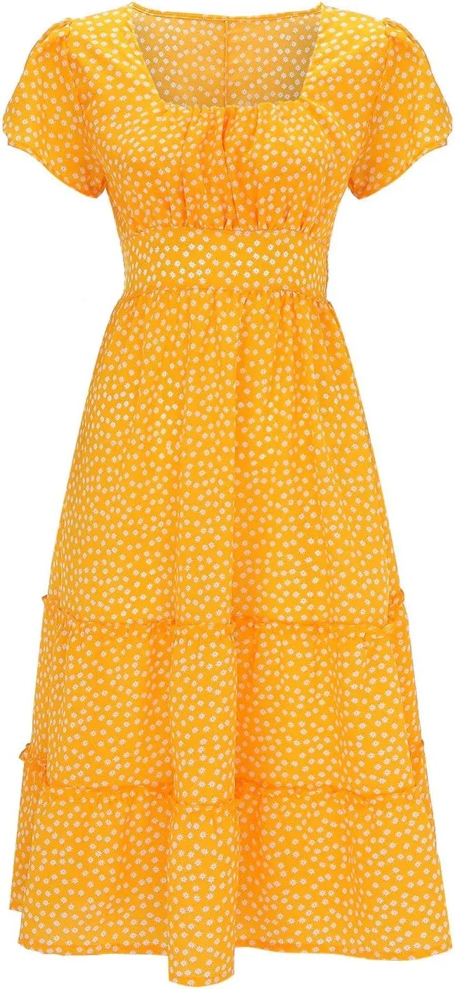 Women Boho Maxi Dress Crew-Neck Short Sleeve Empire Waist Summer Dress Smocked Floral Flowy Tiered Long Dress