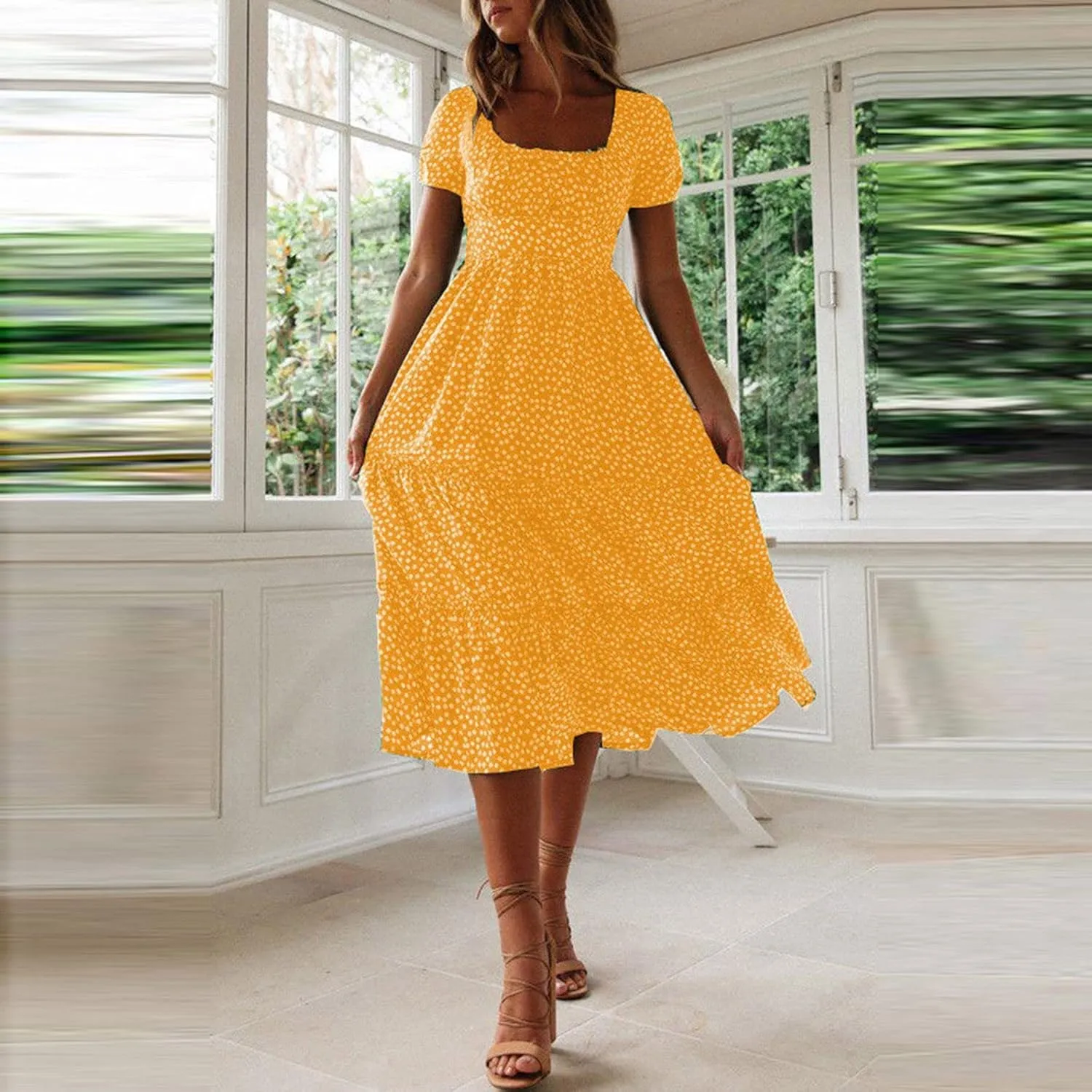 Women Boho Maxi Dress Crew-Neck Short Sleeve Empire Waist Summer Dress Smocked Floral Flowy Tiered Long Dress