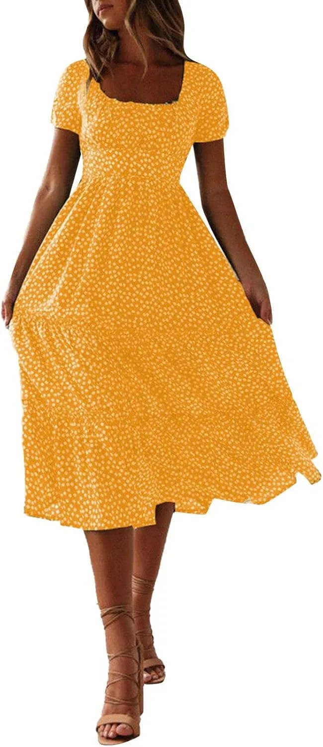 Women Boho Maxi Dress Crew-Neck Short Sleeve Empire Waist Summer Dress Smocked Floral Flowy Tiered Long Dress