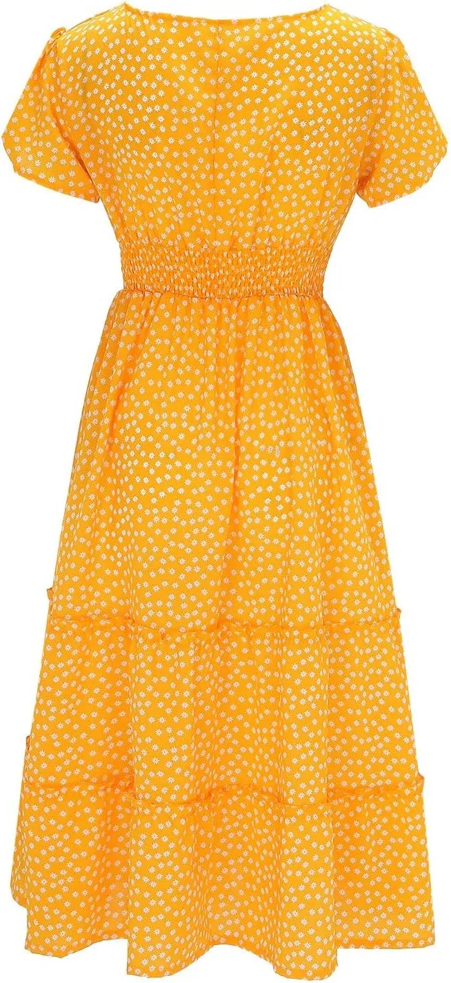 Women Boho Maxi Dress Crew-Neck Short Sleeve Empire Waist Summer Dress Smocked Floral Flowy Tiered Long Dress