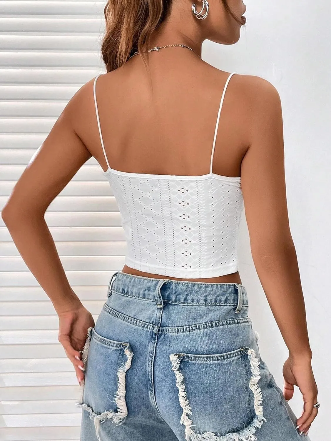 Women Lace Trim Spaghetti Strap Crop Cami Top Sleeveless Eyelet Embroidery Ruched Solid Slim Fit Crop Camisole