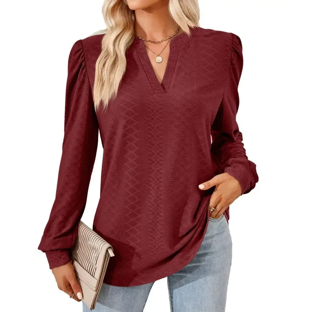 Women V Neck Long Sleeve Loose Applique Pullover Soft Casual Blouse