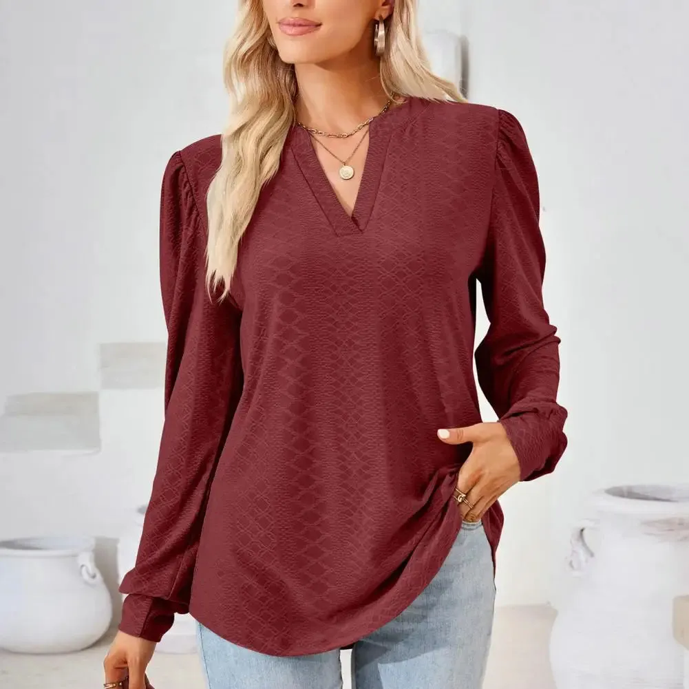 Women V Neck Long Sleeve Loose Applique Pullover Soft Casual Blouse