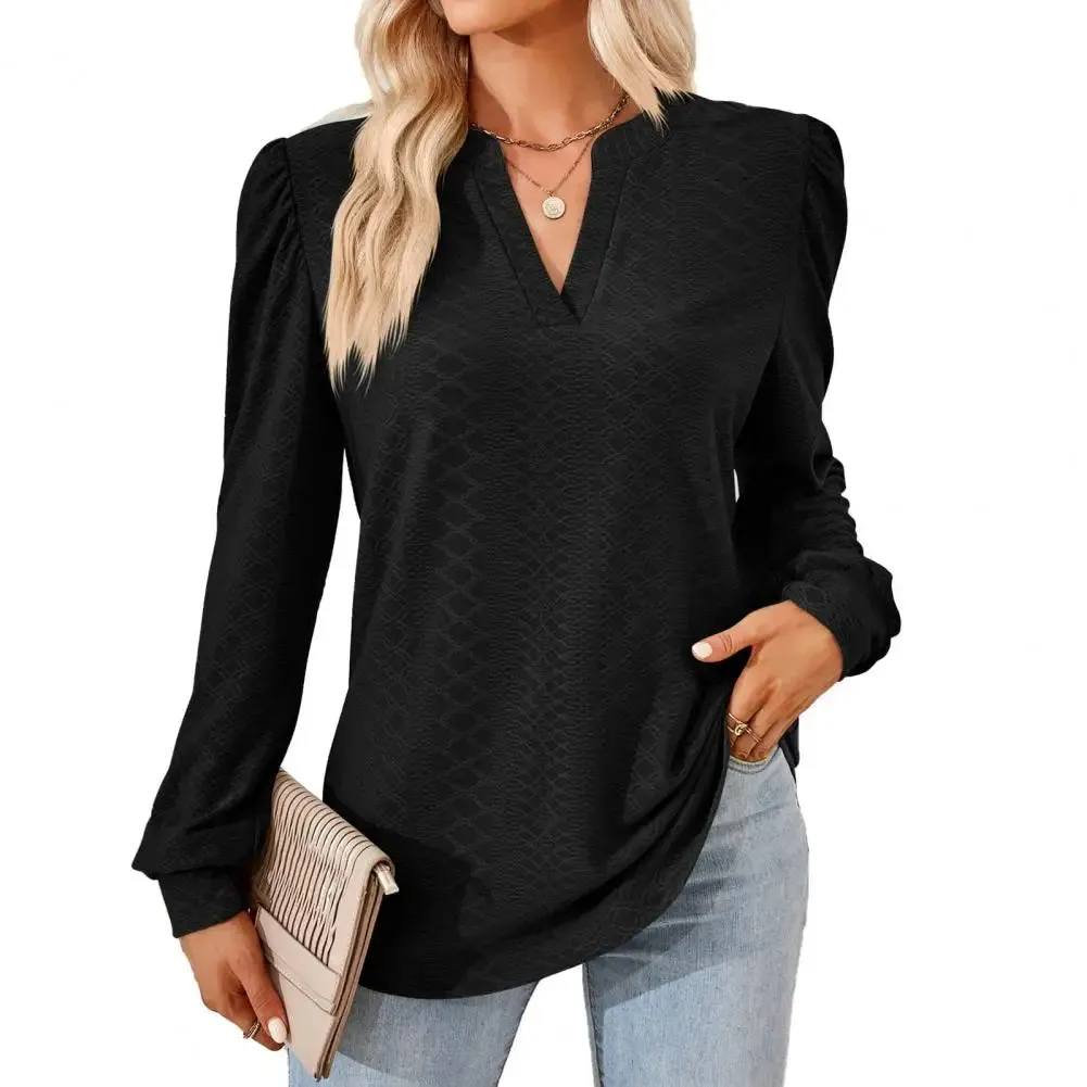 Women V Neck Long Sleeve Loose Applique Pullover Soft Casual Blouse