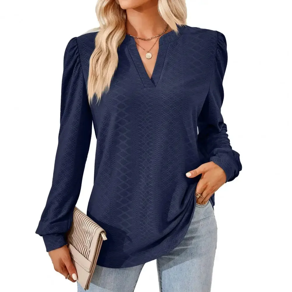 Women V Neck Long Sleeve Loose Applique Pullover Soft Casual Blouse
