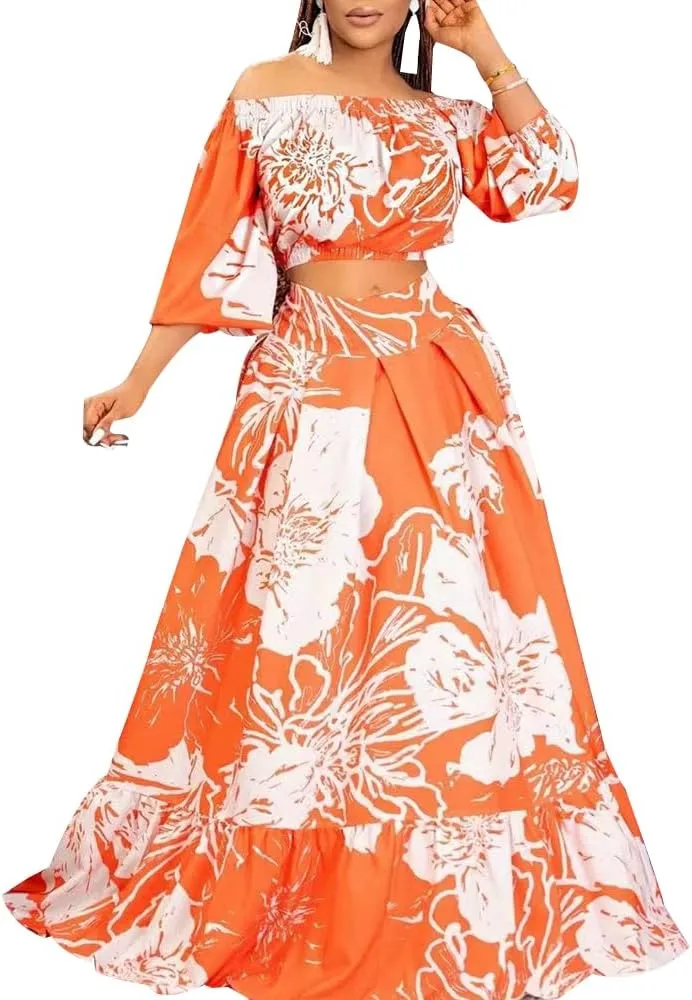 Womens 2 Piece Plus Size Maxi Dress A-Line Baggy Long Sleeve Boho Dresses Crewneck High Waist Wedding Floral Outfit