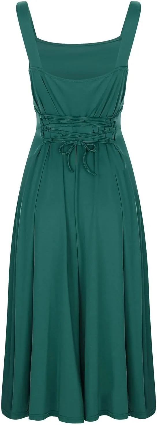 Women's 2025 Sun Dresses Women Summer Casual Flowy U Neck Maxi Dress Backless Drawstring Beach Long Dresses Midi Tank Dress