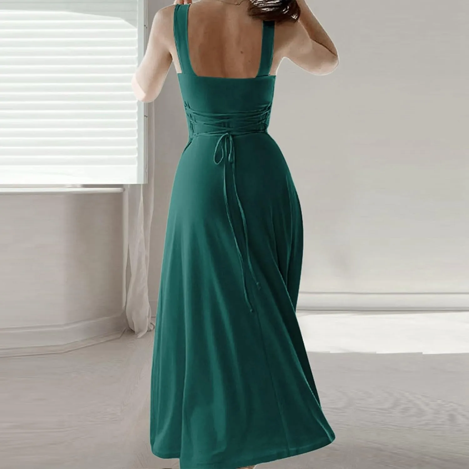 Women's 2025 Sun Dresses Women Summer Casual Flowy U Neck Maxi Dress Backless Drawstring Beach Long Dresses Midi Tank Dress