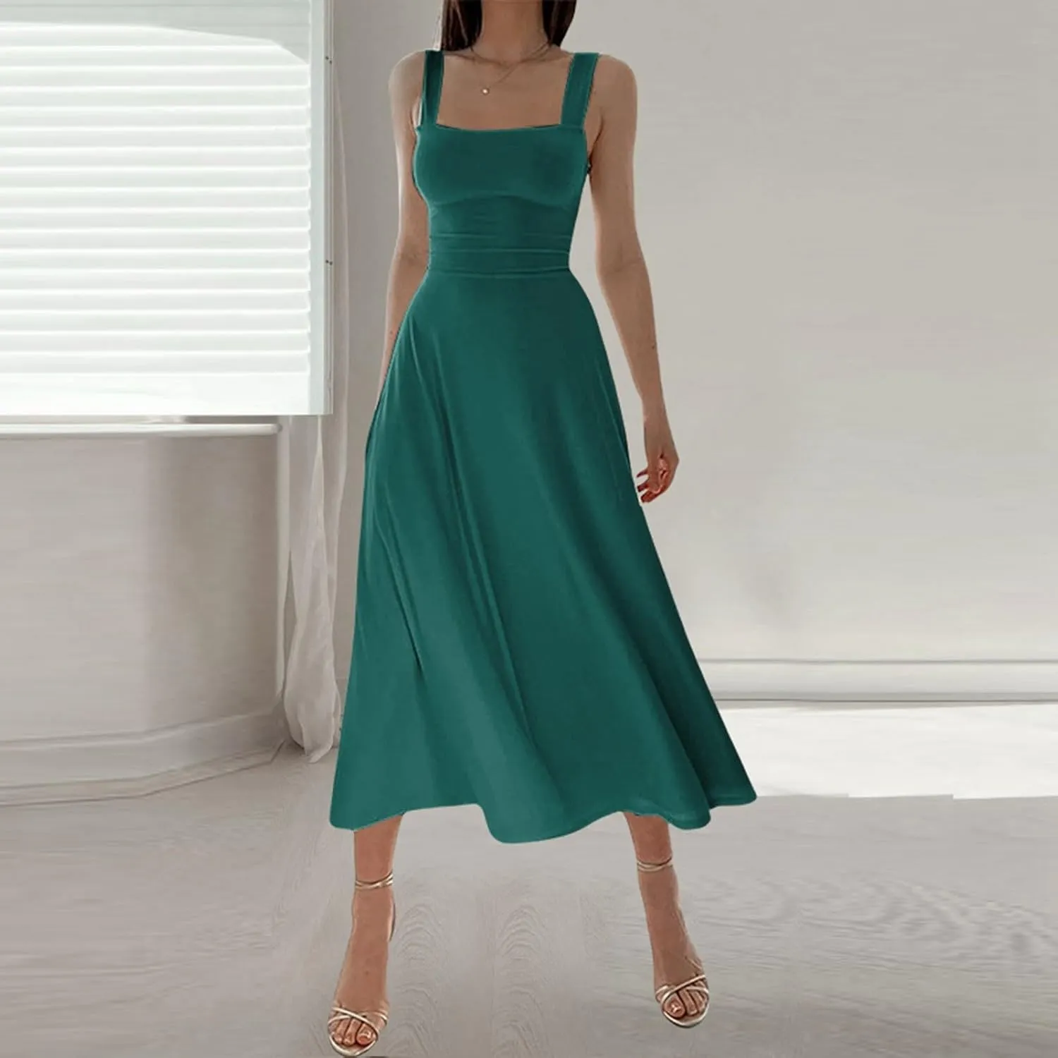Women's 2025 Sun Dresses Women Summer Casual Flowy U Neck Maxi Dress Backless Drawstring Beach Long Dresses Midi Tank Dress