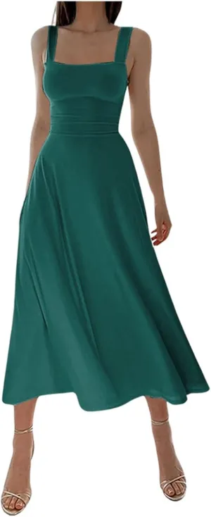 Women's 2025 Sun Dresses Women Summer Casual Flowy U Neck Maxi Dress Backless Drawstring Beach Long Dresses Midi Tank Dress