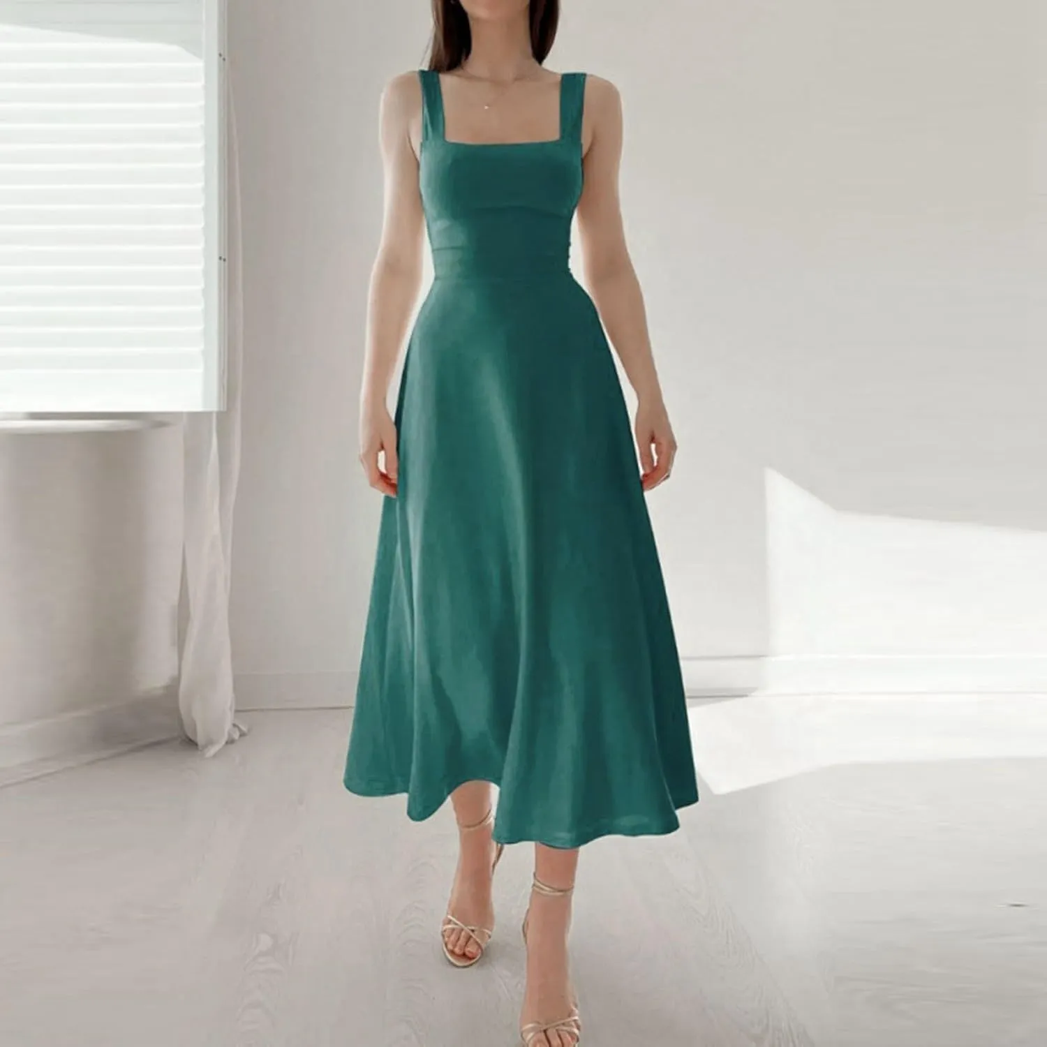 Women's 2025 Sun Dresses Women Summer Casual Flowy U Neck Maxi Dress Backless Drawstring Beach Long Dresses Midi Tank Dress