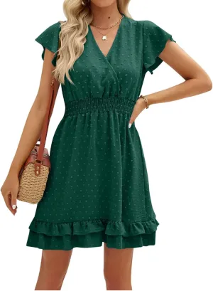 Womens Casual Summer Mini Dress V Neck Short Sleeve Swiss Dot Ruffle Dresses Flowy Swing Vacation Beach Sundress