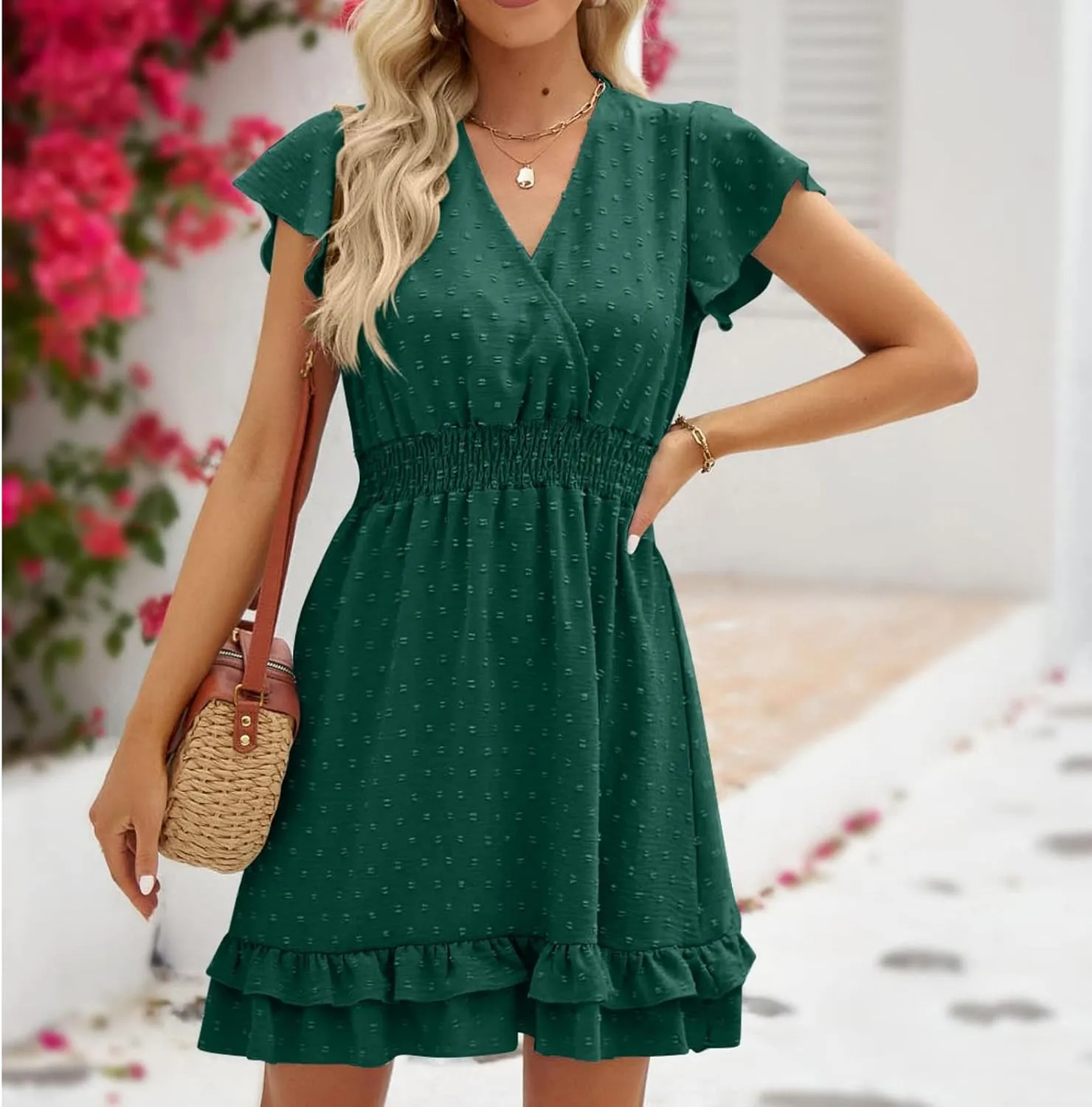 Womens Casual Summer Mini Dress V Neck Short Sleeve Swiss Dot Ruffle Dresses Flowy Swing Vacation Beach Sundress