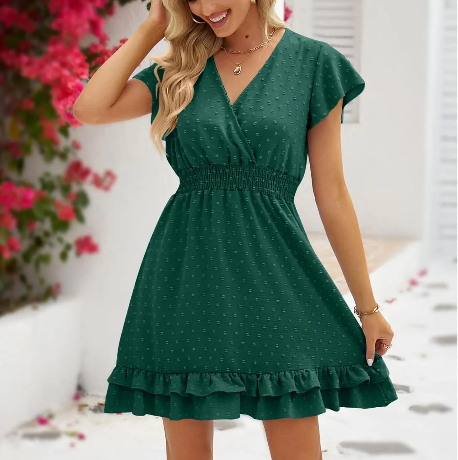 Womens Casual Summer Mini Dress V Neck Short Sleeve Swiss Dot Ruffle Dresses Flowy Swing Vacation Beach Sundress