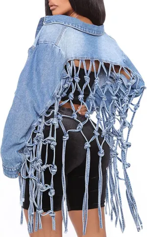 Women's Cropped Jean Jacket Knotted Hollow Long Fringe Button Up Distressed Washed Denim Coat