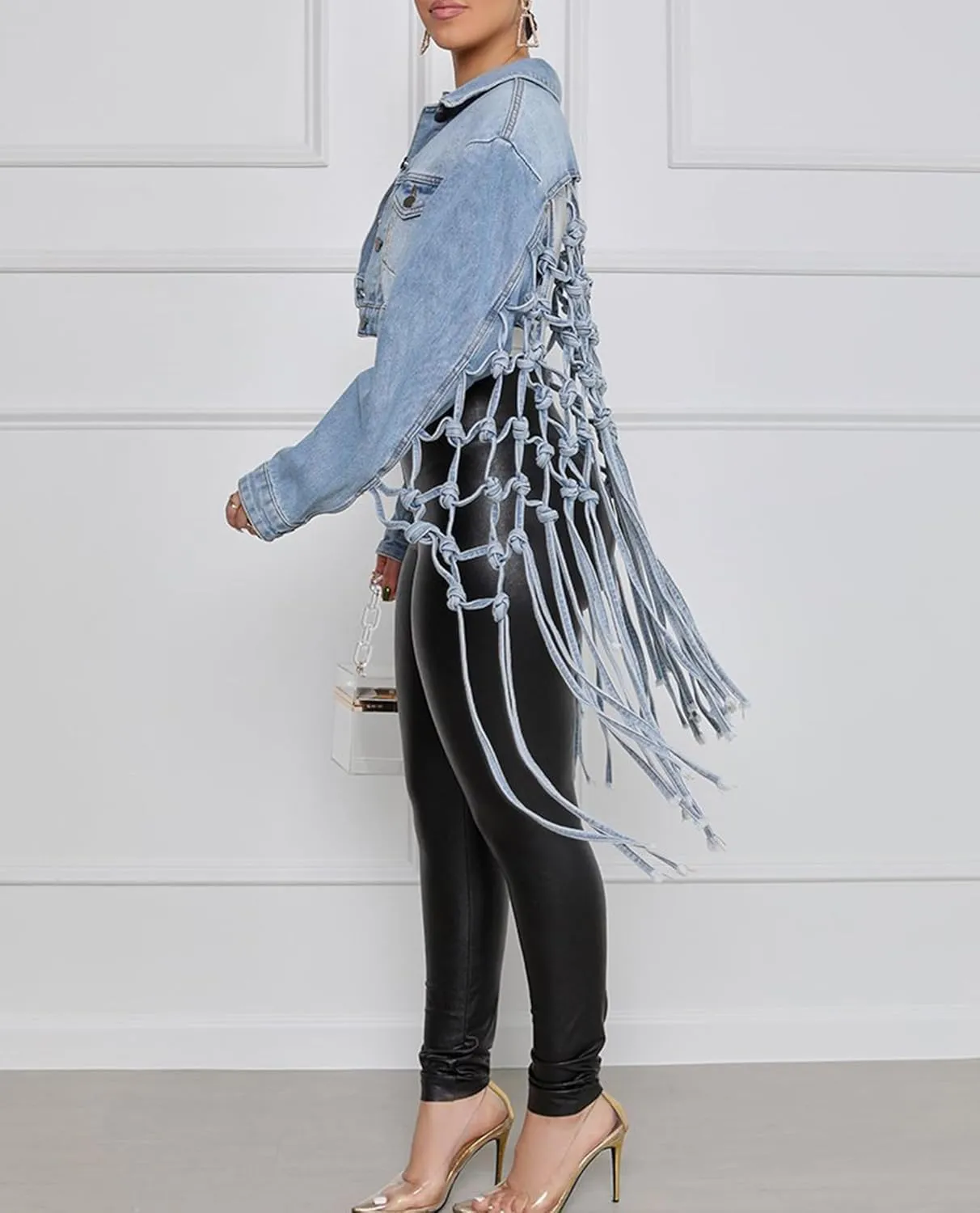 Women's Cropped Jean Jacket Knotted Hollow Long Fringe Button Up Distressed Washed Denim Coat