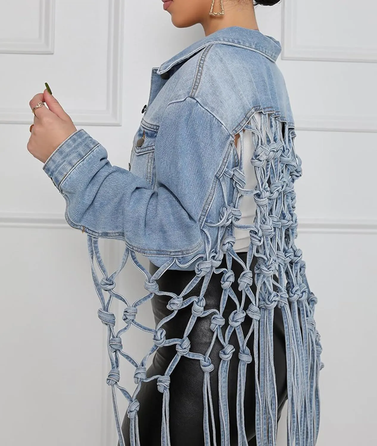 Women's Cropped Jean Jacket Knotted Hollow Long Fringe Button Up Distressed Washed Denim Coat