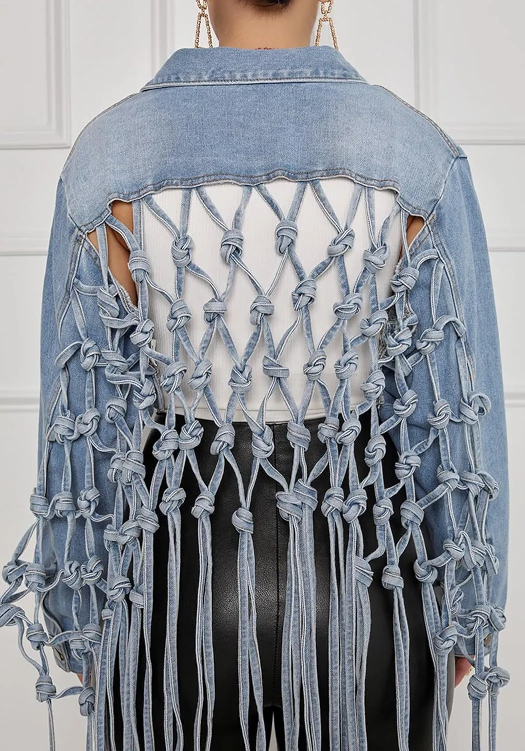 Women's Cropped Jean Jacket Knotted Hollow Long Fringe Button Up Distressed Washed Denim Coat