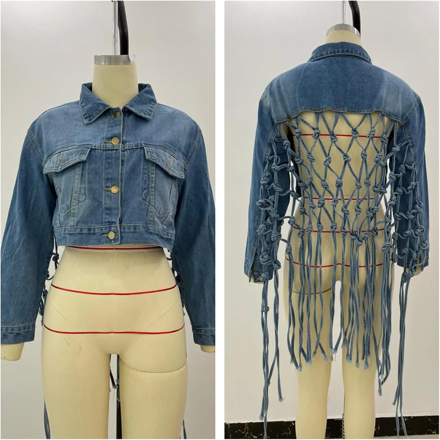 Women's Cropped Jean Jacket Knotted Hollow Long Fringe Button Up Distressed Washed Denim Coat