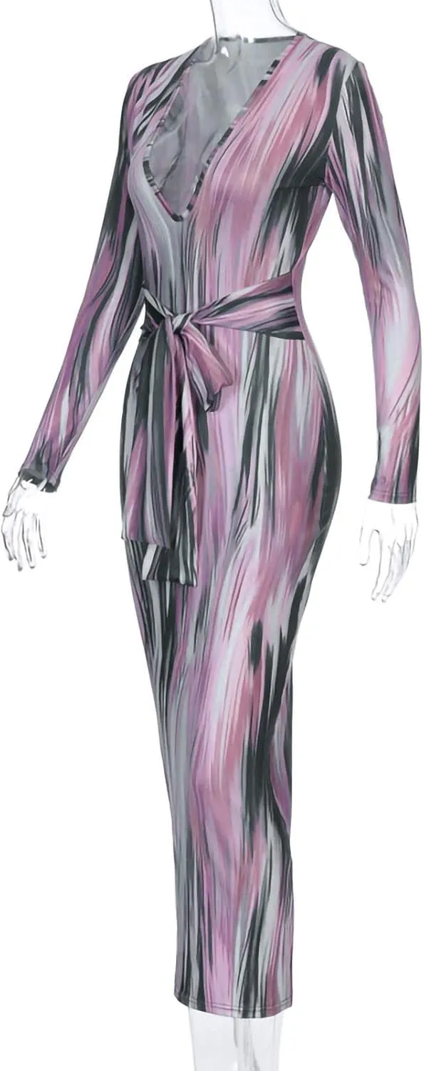 Women's Fashion Sexy Ruched Long Sleeve Midi Club Party Bodycon Dress Casual Tie Dye Printed Pencil Dresses