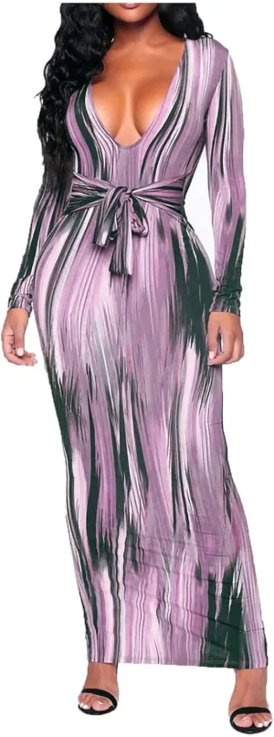 Women's Fashion Sexy Ruched Long Sleeve Midi Club Party Bodycon Dress Casual Tie Dye Printed Pencil Dresses