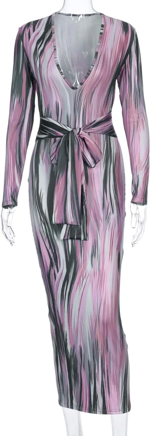 Women's Fashion Sexy Ruched Long Sleeve Midi Club Party Bodycon Dress Casual Tie Dye Printed Pencil Dresses
